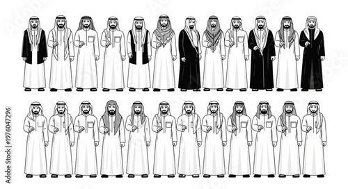 Group of Arab men in traditional attire, black and white illustration.