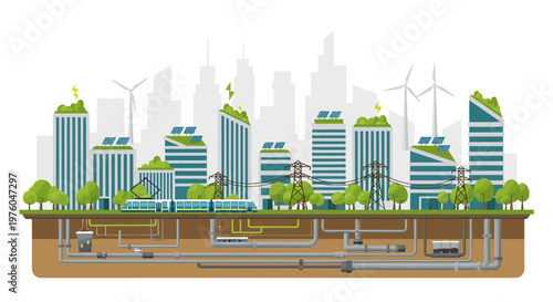 Eco-friendly cityscape with green buildings and renewable energy sources
