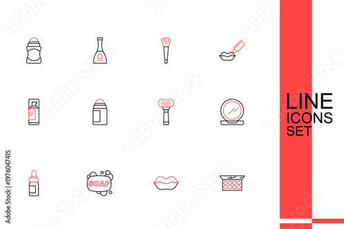 Set line Makeup powder with mirror, Smiling lips, Bar of soap, Essential oil bottle, Shaving razor, Deodorant roll and gel foam icon. Vector