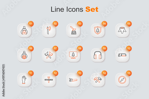 Set line Circular saw blade, Crossed hammer, Hand, Metallic nail, Protective gloves, Hacksaw, Headphones and Location of the forest icon. Vector