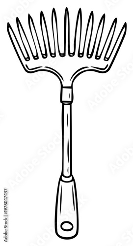 Garden Hand Rake Tool Outline Illustration for Cultivating Soil and Weeding