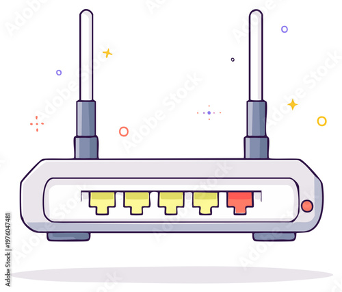 Wireless Router Illustration with Yellow and Red Ports Broadcasting Signals for Communication and Network Connectivity