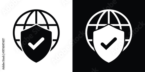 Professional icon showing a globe behind a shield with a checkmark. Represents verified security, successful global protection, and trusted international safety.