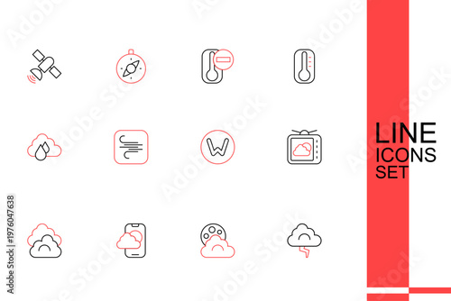 Set line Cloud and lightning, with moon, Weather forecast app, Compass north, Wind and rain icon. Vector