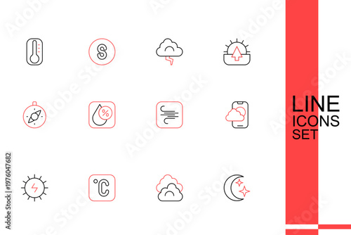 Set line Moon and stars, Cloud, Celsius, Solar energy panel, Weather forecast app, Wind, Water drop percentage and Compass icon. Vector