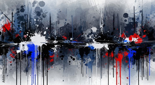 Abstract Street Art Background with Vibrant Blue Red and White Paint Splatters and Gritty Texture Drips