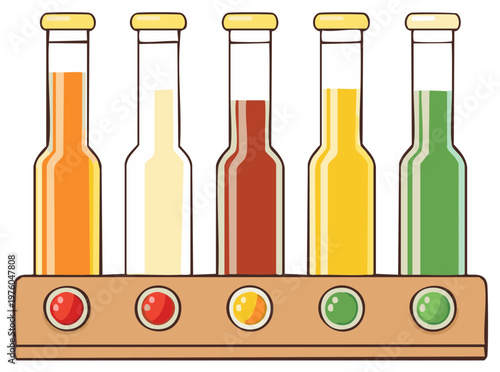 Five colorful liquids in glass bottles on a wooden stand with round buttons