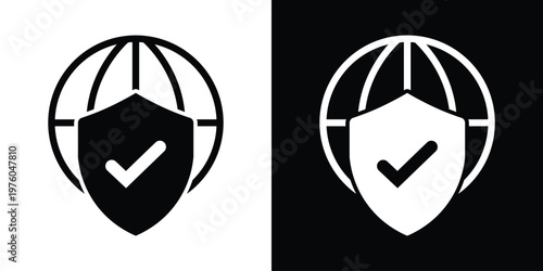 Professional icon showing a globe behind a shield with a checkmark. Represents verified security, successful global protection, and trusted international safety.