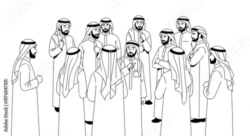 Group of Arab men in traditional attire, focused on discussion.