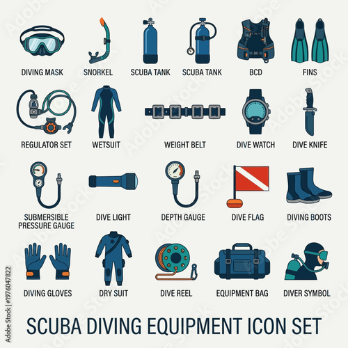Comprehensive Scuba Diving Equipment Icon Set for Aquatic Adventures and Underwater Exploration