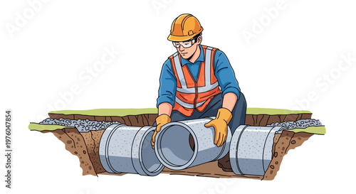 Construction worker installing concrete pipes in a trench
