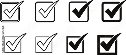 Collection of eight checkbox icons with checkmarks in various styles and shades