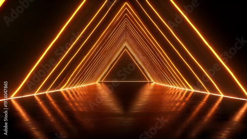 Abstract golden triangle neon light tunnel loop moving forward in dark corridor with reflective floor creating cinematic symmetry for tech presentation electronic music visual or backdrop.