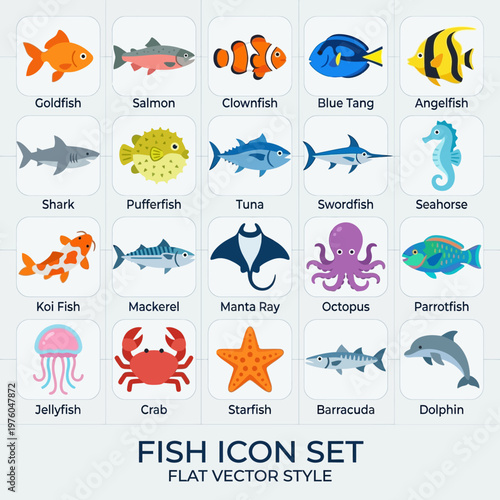 Diverse Collection of Aquatic Life Icons Featuring Various Fish and Marine Creatures Flat Vector Art