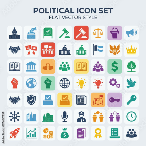 Diverse Flat Vector Political Icon Set Illustrating Governance and Civic Engagement Elements