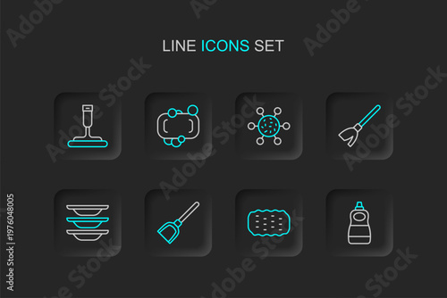 Set line Dishwashing liquid bottle, Sponge, Dustpan, Washing dishes, Handle broom, Bacteria, Bar of soap and Rubber cleaner for windows icon. Vector