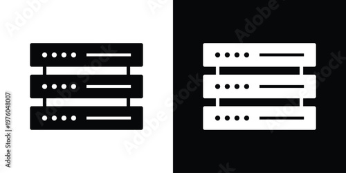 High-quality vector icon of a data server rack. Ideal for web hosting, cloud computing, data storage, and IT infrastructure concepts. Minimalist black and white style.