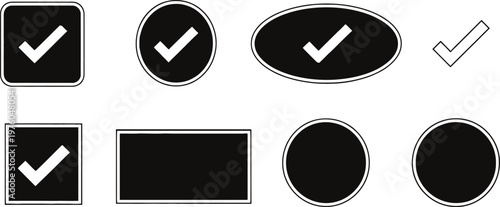 Collection of black and white checkmark icons in various shapes and orientations representing confirmation