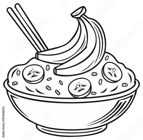 Bowl of Oatmeal with Bananas and Chopsticks