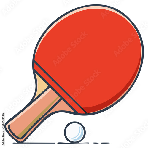 Red Ping Pong Paddle with Ball Illustration: Table Tennis Equipment, Game Activity Icon