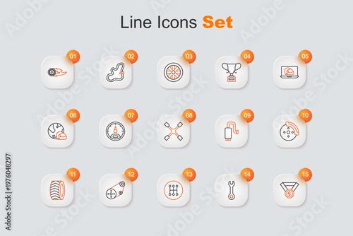 Set line Medal, Wrench spanner, Gear shifter, Racing track, Car tire wheel, brake disk with caliper, muffler and Wheel wrench icon. Vector