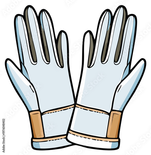 Pair of cartoonish white winter gloves with tan accents, presented in a simple illustration style.