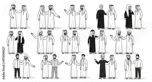 Group of Arab men in traditional attire, interacting and posing.