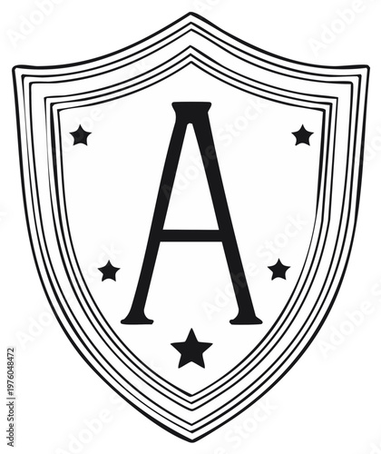 Letter A on Crest with Stars Vector Illustration in Black and White - Simple Shield Graphic Element