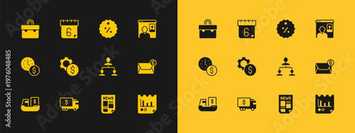 Set Video chat conference, Armored truck, Employee hierarchy, News, Gear with dollar symbol, Discount percent tag, Briefcase and Calendar icon. Vector
