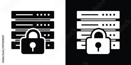 High-quality vector icon featuring a server rack with a large padlock. Ideal for cybersecurity, data protection, private hosting, and encrypted server concepts.