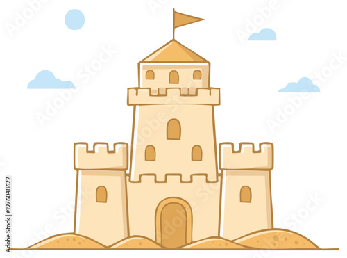 Cartoon sandcastle with flag and clouds on a white background
