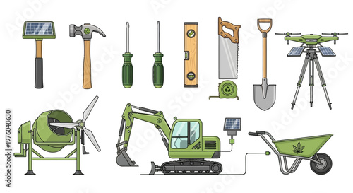 Set of Construction and Gardening Tools with Green Equipment