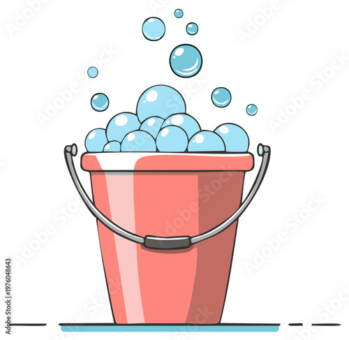 Red bucket overflowing with foamy soap bubbles and rising air bubbles