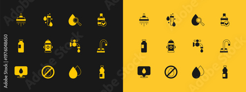 Set Big bottle with clean water, Water drop forbidden, tap, Fire hydrant, Drop and magnifying glass, Shower and Test tube icon. Vector