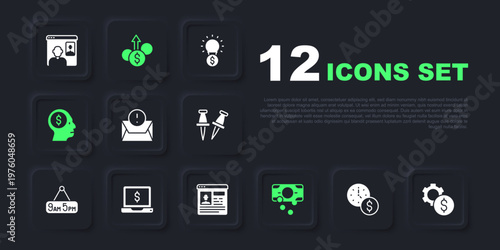 Set Time is money, Gear with dollar symbol, Envelope, Stacks paper cash, Business man planning mind, Laptop, Financial growth and Resume icon. Vector