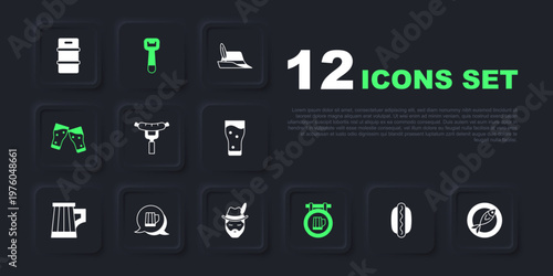 Set Hotdog sandwich, Dried fish, Sausage on the fork, Street signboard with beer, Glass of, Wooden mug, Bottle opener and Oktoberfest man icon. Vector