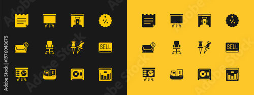 Set Discount percent tag, Cargo ship with boxes delivery, Push pin, Safe, Office chair, Telephone 24 hours support, Notebook and Chalkboard icon. Vector