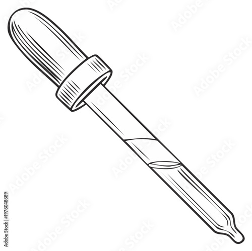 Medical or chemical glass pipette dropper with liquid vintage style black and white line art illustration