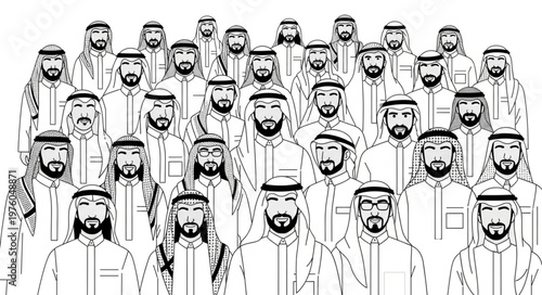 Group of Arab men in traditional attire, looking at the camera.