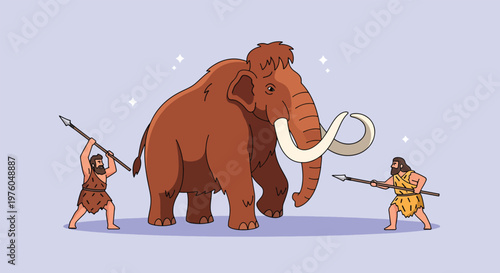 Ancient hunters confront a giant woolly mammoth in a prehistoric landscape.