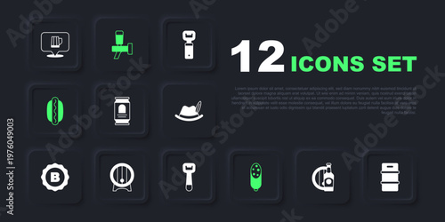 Set Beer bottle and wooden barrel, Metal beer keg, can, Salami sausage, Hotdog sandwich, Wooden on rack, tap and Bottle opener icon. Vector