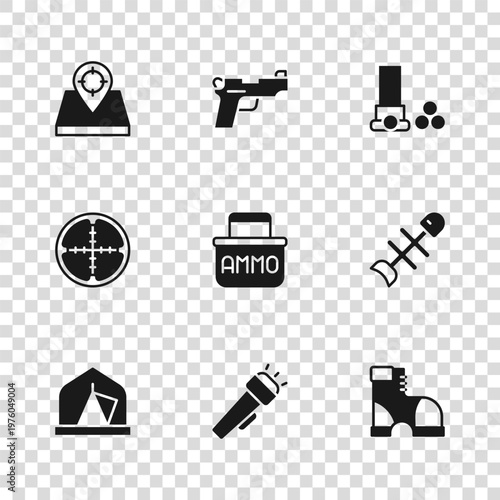 Set Flashlight, Dead fish, Hunter boots, Ammunition box, Cartridges, place, Pistol or gun and Sniper optical sight icon. Vector