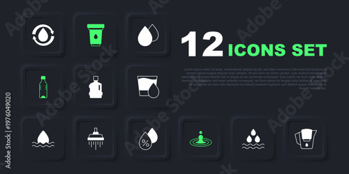 Set Water drop, jug with filter, Big bottle clean water, Bottle of, Shower, cartridge and percentage icon. Vector
