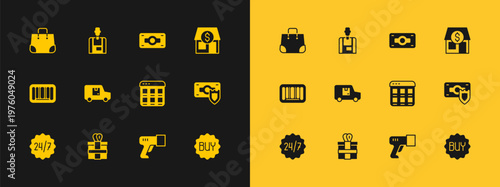 Set Market store, Gift box, Online shopping on screen, Scanner scanning bar code, Delivery cargo truck, Stacks paper money cash, Paper bag and Seller icon. Vector