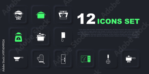 Set Spatula, Cooking pot on fire, Microwave oven, Scales, Oven glove, and Refrigerator icon. Vector