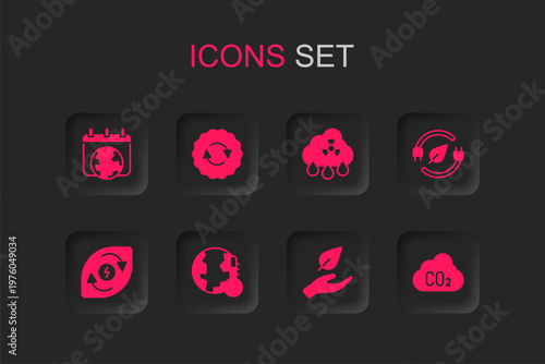 Set Earth melting to global warming, Recycle symbol, World day, Leaf hand, Electric saving plug leaf, CO2 emissions cloud, Acid rain radioactive and Water energy icon. Vector