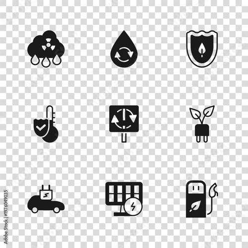 Set Solar energy panel, Electric saving plug in leaf, Petrol or gas station, Recycle symbol, Shield with, Acid rain radioactive cloud, clean aqua and Thermometer icon. Vector