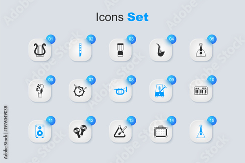 Set Guitar amplifier, Drum with drum sticks, Flute, Stereo speaker, Balalaika, Music synthesizer, Ancient Greek lyre and Trumpet icon. Vector