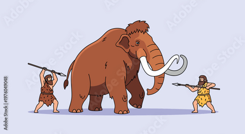 Cavemen hunting a woolly mammoth with spears.