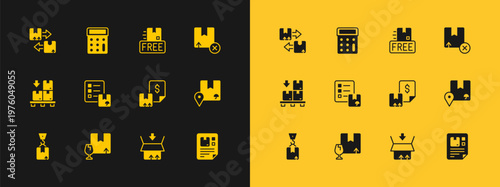 Set Carton cardboard box, Package with fragile content, Waybill, Verification of delivery list, Cardboard free symbol, traffic and Calculator icon. Vector